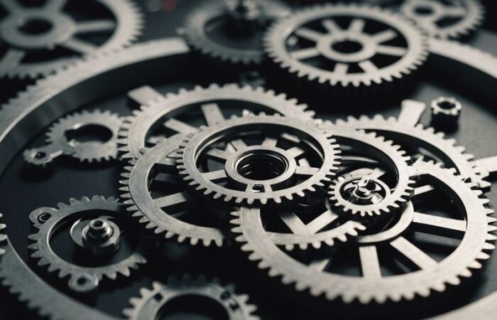 Interconnected gears and flowcharts illustrating strategic process optimization for enhancing business efficiency.