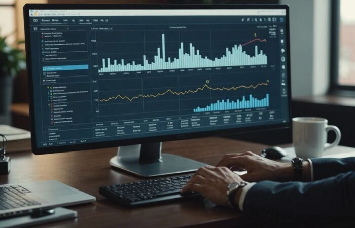 Business professional analyzing data charts on a computer, representing data-driven decision making.