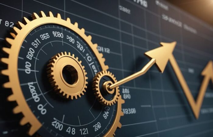 Graph showing business growth with gears and arrow