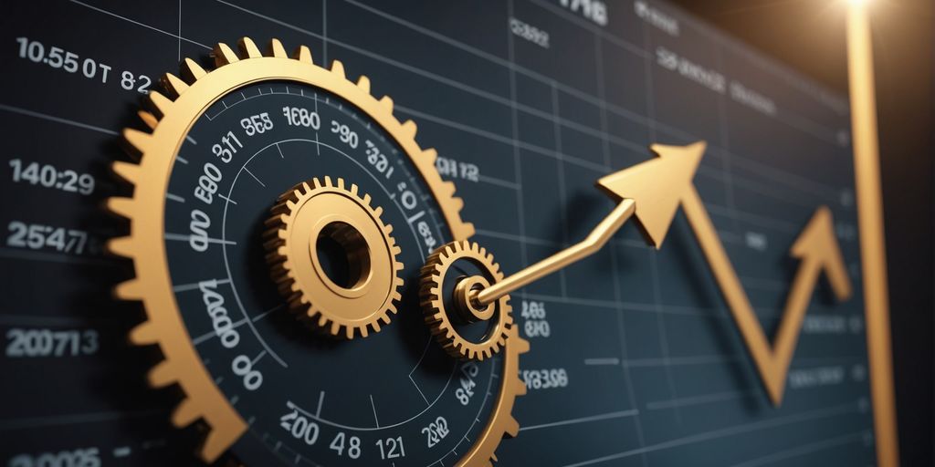 Graph showing business growth with gears and arrow