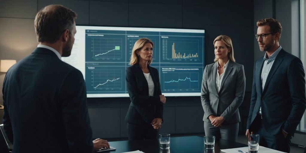 Executives in a business meeting discussing strategies with a presenter showing data on a screen.