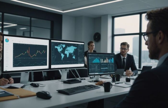 Team collaborating in a modern office with charts and graphs on a screen, representing business process improvement.
