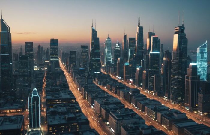 Futuristic cityscape with digital elements representing technology strategy advisory for businesses.