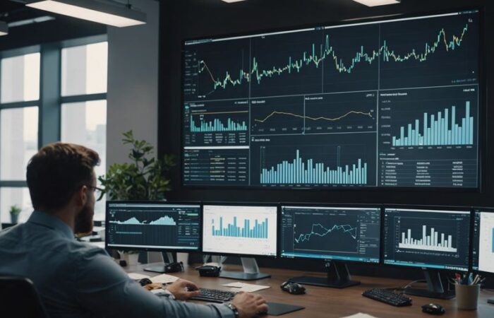 Diverse team in modern office collaborating on business growth strategies with charts and graphs on screen.