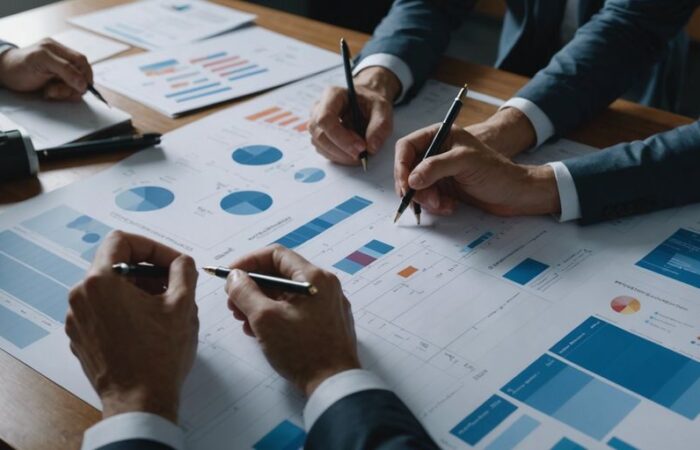 Diverse team collaborating on strategic plan with charts and graphs in a professional business setting.