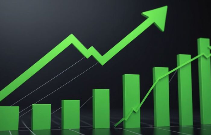 Graph with green arrow indicating business growth