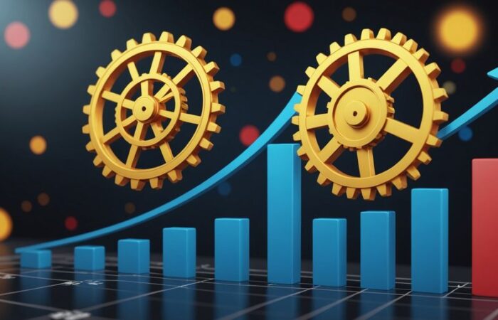 Graph with upward trend, business icons, and gears