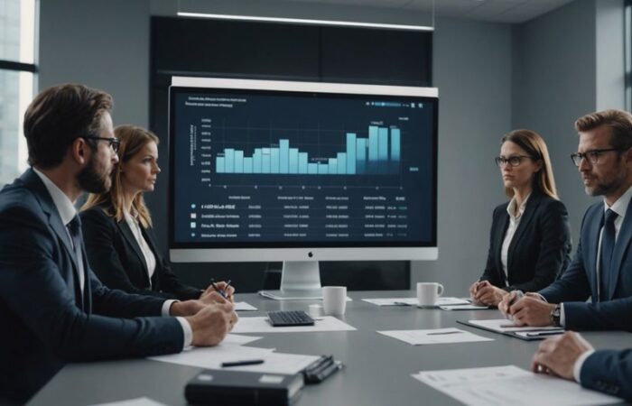 Consultant presenting sales growth strategy to business executives in a modern office.