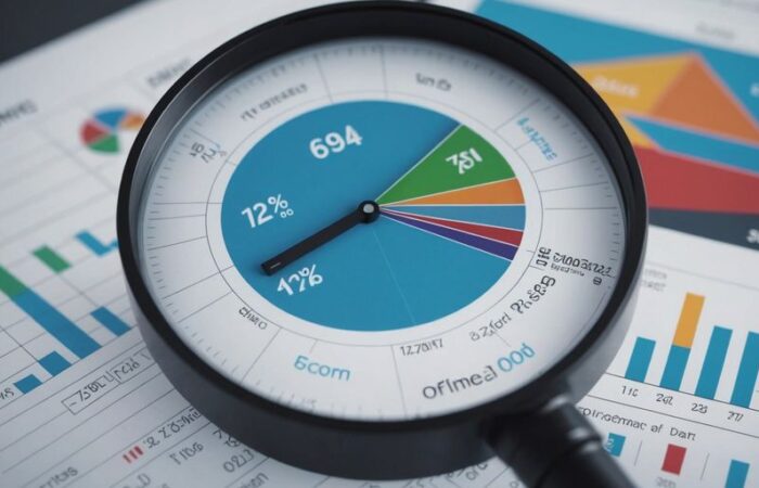 Magnifying glass focusing on market chart with upward trends and business icons, representing market fit analysis.