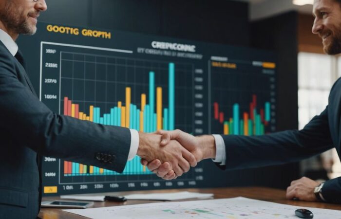 Graph showing business growth with partners shaking hands