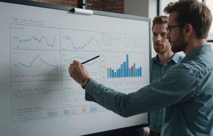 Team discussing market fit analysis on whiteboard