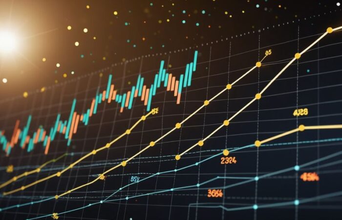 Graph with upward trend and KPI icons for business