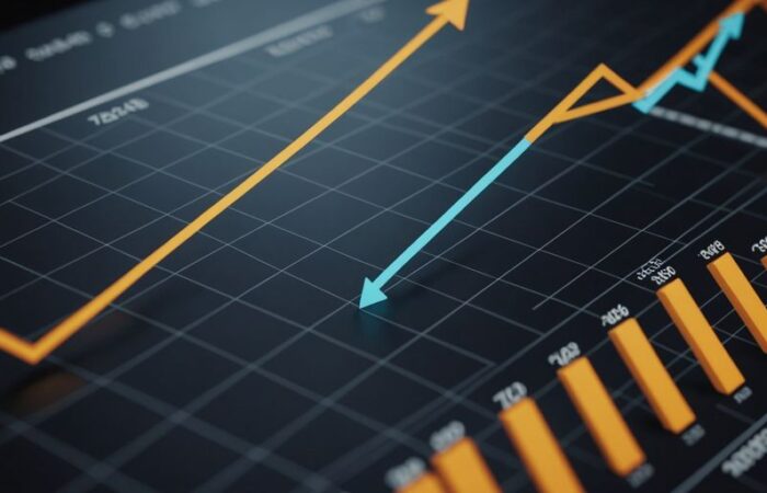 Graph with upward trend, business icons, dollar signs