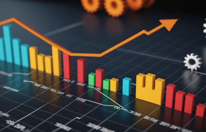 Graph with upward trend and business process icons.