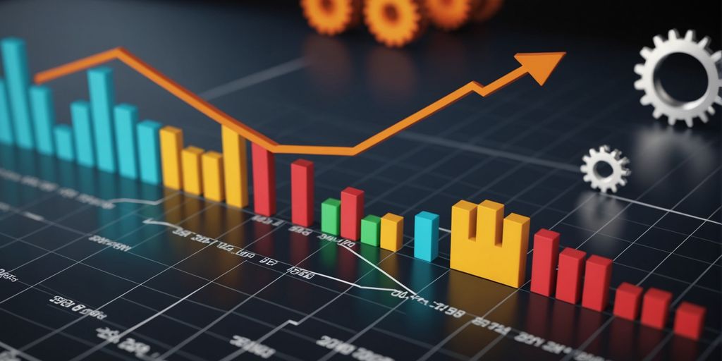 Graph with upward trend and business process icons.