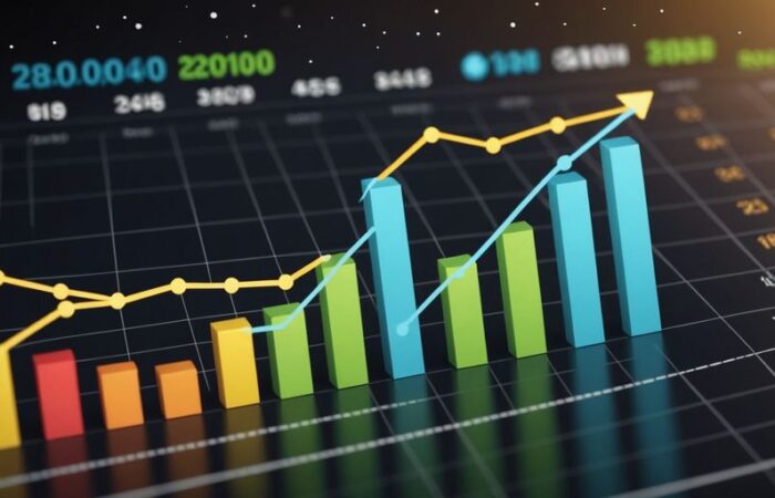 Graph with upward trend, sustainable growth icons, market elements.