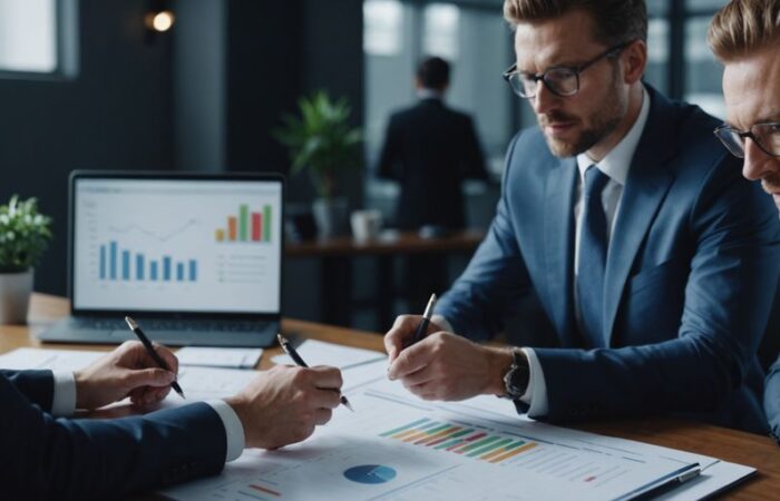 Team discussing charts for strategic planning success