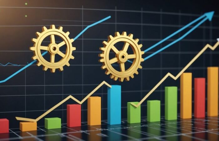 Graph with upward trend, business icons, and gears