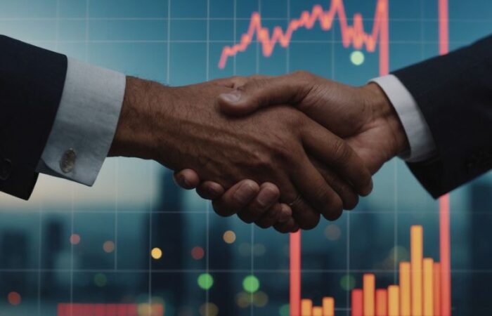 Business partners shaking hands with success graph
