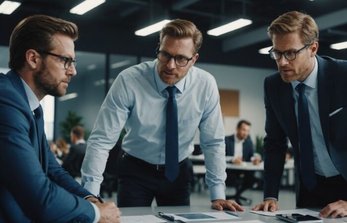 Team strategizing technology solutions in a contemporary office setting.