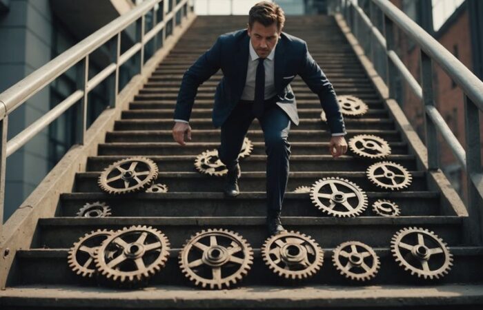 Businessman climbing gear stairs symbolizing business process improvement