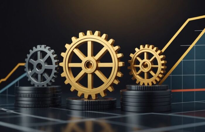 Graph with gears and business icons showing upward trend