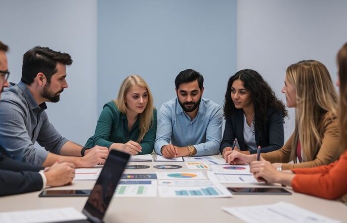 Diverse professionals analyzing data for market fit.