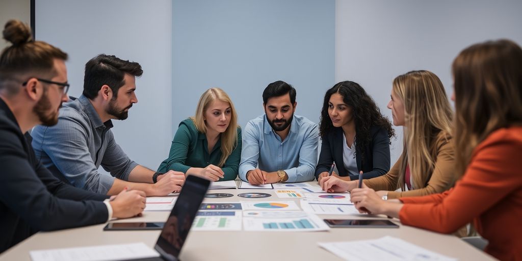 Diverse professionals analyzing data for market fit.