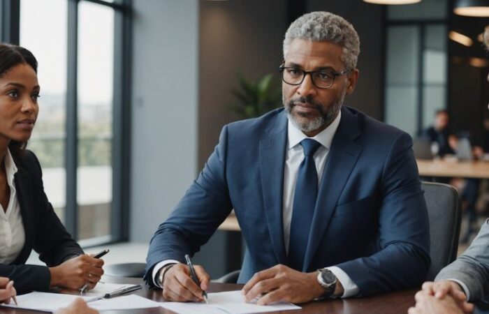 Business advisor with team in modern office