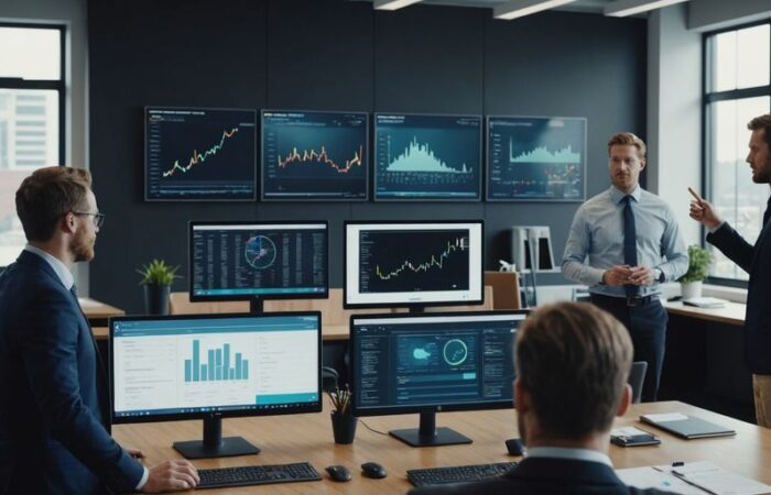 Business team analyzing data on digital screens.