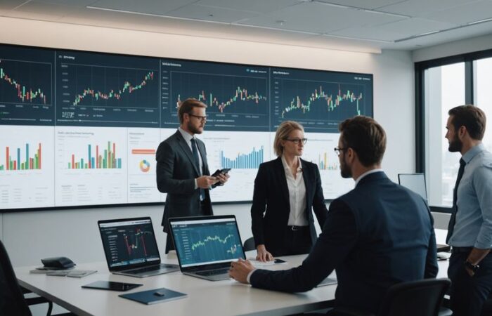 Business team analyzing data on digital screen.