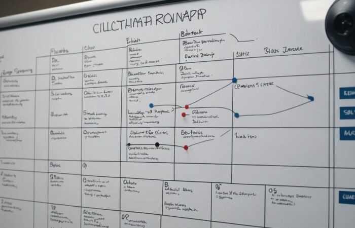 Whiteboard displaying strategic roadmap with milestones and goals