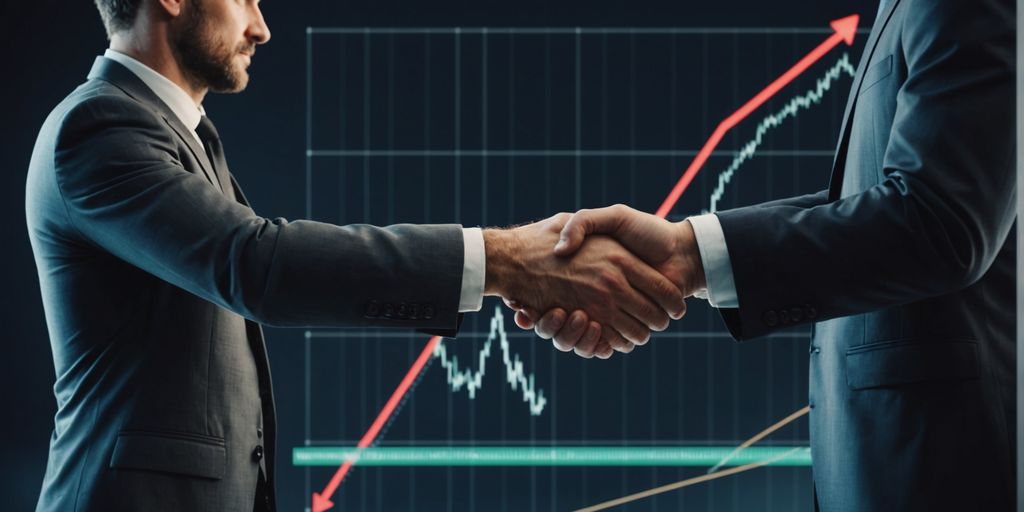 Business partners shaking hands with growth chart