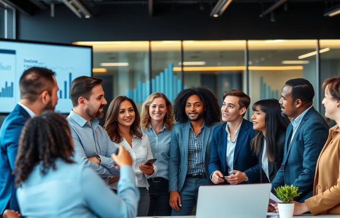 Business team discussing growth strategies in an office.