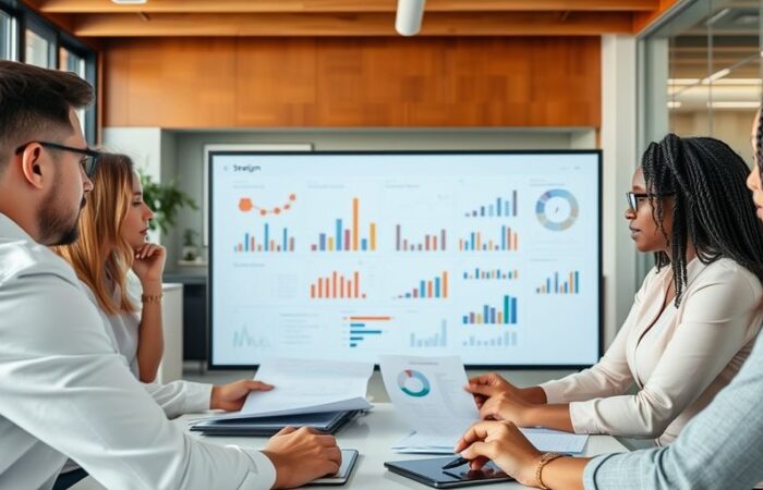 Professionals collaborating on strategic plan in modern office.