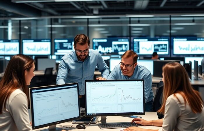 Team collaborating in modern office analyzing data