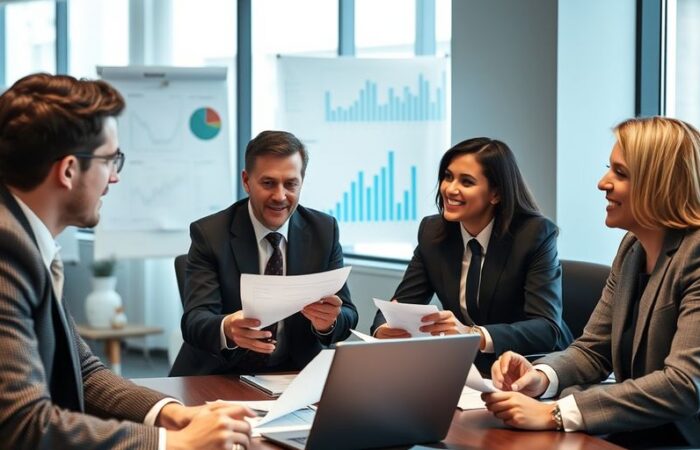 Business advisor with executives in modern office.