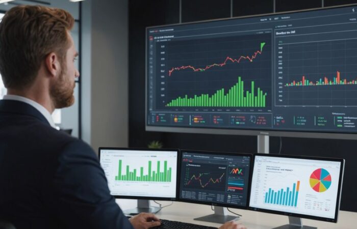 Professional analyzing data charts with colleagues.