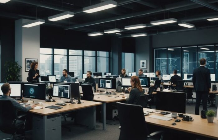 Diverse team collaborating in modern office on innovative project.