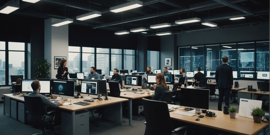 Diverse team collaborating in modern office on innovative project.