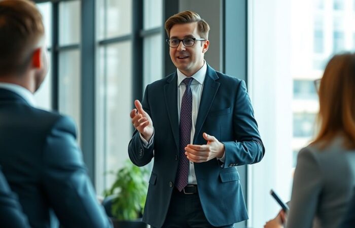 Consultant presenting to professionals in office