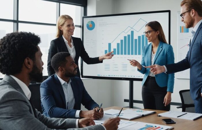 Business team brainstorming in modern office.