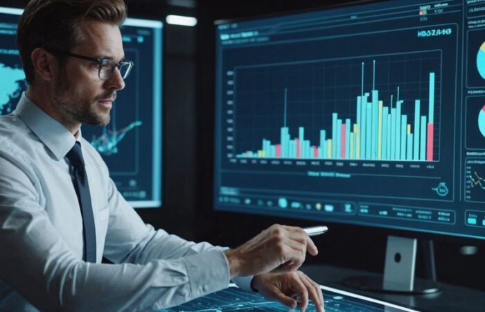 Business professional analyzing data on holographic interface