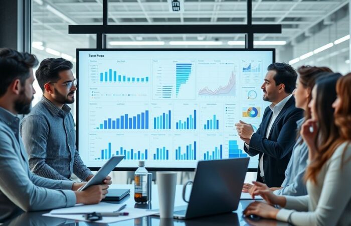 Professionals collaborating in modern office with charts.