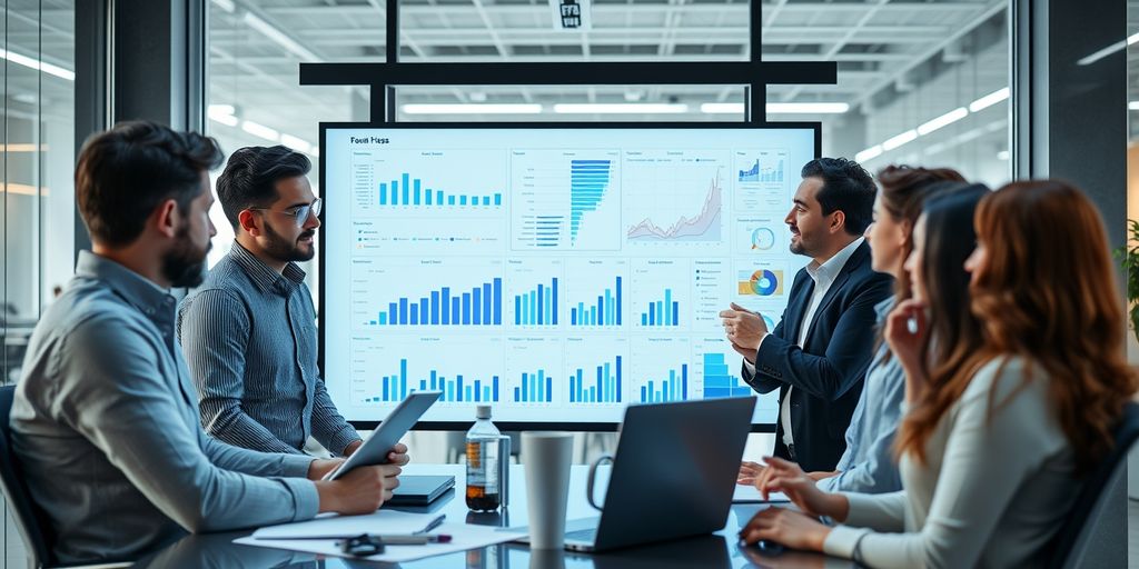 Professionals collaborating in modern office with charts.