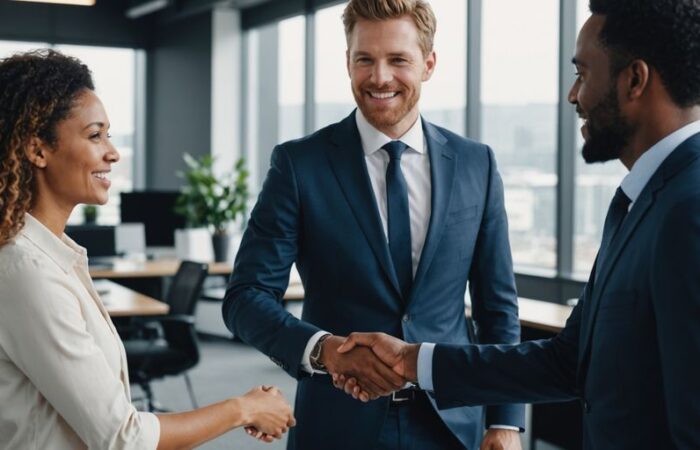 Business partners shaking hands in office