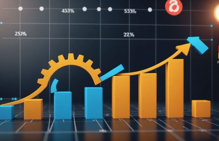 Graph with upward trend, business icons, and gears.