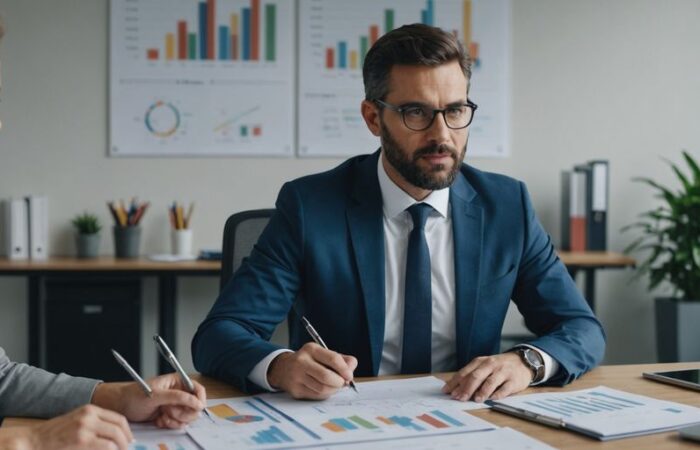 Consultant discussing sales strategies with team