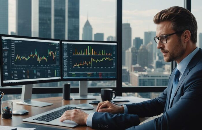 Business professional analyzing financial graphs on computer.