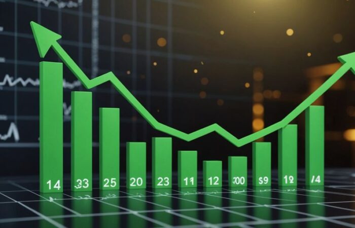 Graph with upward trend, business icons, green arrows
